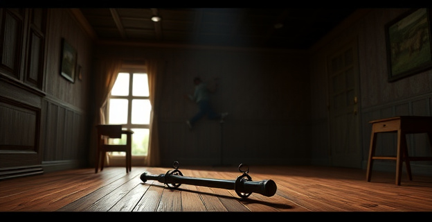 Escena de un triple crimen en una casa de campo con una barra de hierro en el suelo y una pared escalada