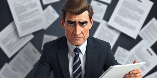 Una imagen de una persona con un traje y corbata, con una sombra de duda en su rostro, rodeada de papeles y documentos legales