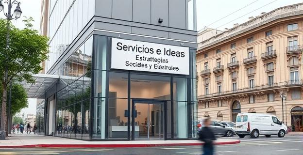 Una escena que muestra un edificio de oficinas moderno con un letrero que dice 