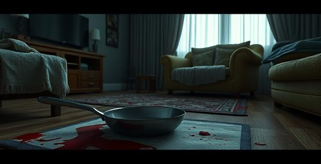 Una escena de un salón con una sartén en el suelo y una toalla manchada de sangre, con un ambiente de violencia y desorden