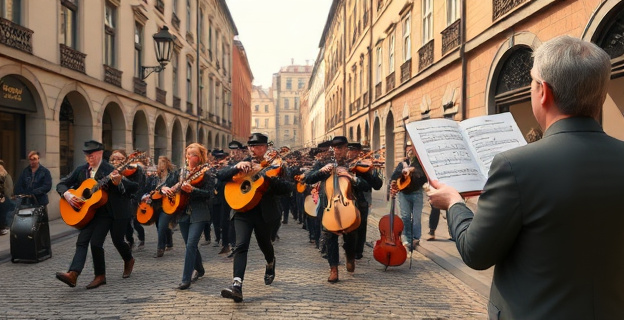 Una banda de música procesional marcha por una calle empedrada mientras un compositor observa con una partitura en la mano