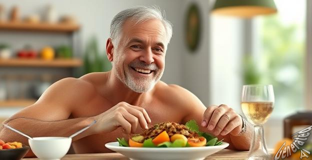 Un hombre de 58 años con físico atlético sonriendo mientras come una ensalada con pollo a la parrilla