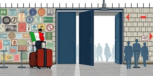 Una ilustración conceptual y satírica que muestre una puerta fronteriza dividida. De un lado, un muro burocrático con sellos oficiales bloqueando la entrada a un elegante viajero europeo con una bandera italiana pequeña en su maleta. Del otro lado, una puerta abierta de par en par por donde fluye una multitud invisible, representada por siluetas humanas abstractas. Estilo editorial de revista política, colores contrastados, atmósfera de ironía administrativa.