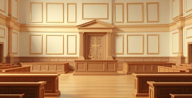 Sala de un tribunal con un estrado vacío y una balanza de justicia en el centro, simbolizando la justicia y la equidad