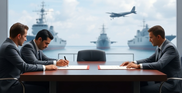 Una escena que muestra un contrato siendo firmado entre representantes de España y Venezuela en un ambiente diplomático, con un fondo que sugiere la presencia de fragatas y aviones militares. El ambiente es tenso y hay una sensación de secretismo alrededor de la mesa de negociación.