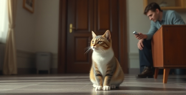 Imagen de un gato doméstico sentado en una habitación con una puerta cerrada al fondo, mientras un hombre y una mujer están cerca. El gato está en el centro de la imagen, mirando hacia la puerta.