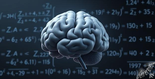 Ilustración de un cerebro humanoide con circuitos matemáticos brillantes, resolviendo ecuaciones en una pizarra infinita