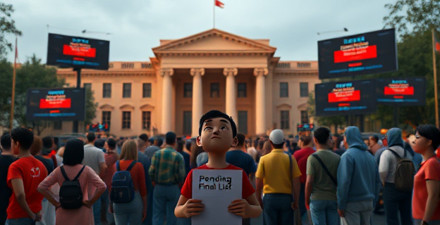 Una multitud de personas ansiosas frente a un gran edificio gubernamental, con pantallas mostrando mensajes de error y fechas límite, mientras una figura solitaria en primer plano sostiene un papel con un mensaje de 