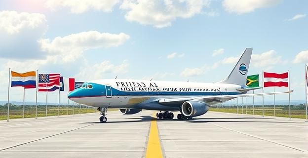 Imagen de un avión presidencial vacío en una pista de aterrizaje con múltiples banderas de diferentes países ondeando al fondo, representando posibles destinos de exilio.