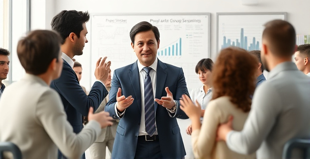 Una discusión acalorada en una oficina moderna, con personas gesticulando y una figura central cerrando la discusión con firmeza. El ambiente está tenso, con otros participantes mostrando signos de frustración o resignación. Al fondo, una pizarra con notas y gráficos sobre psicología y dinámica de grupos.