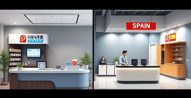 Imagen de un mostrador de atención al cliente en Corea del Sur con un entorno eficiente y moderno, contrastando con una imagen de un mostrador en España con un ambiente más relajado.