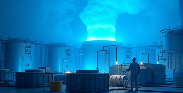 Una representación artística de un reactor nuclear emitiendo una intensa luz azulada, con contenedores de plomo y científicos con trajes de protección manipulando el californio-252.