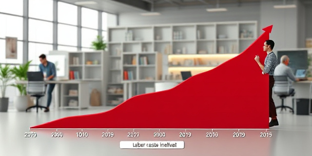 Una gráfica que muestra la evolución de los costes laborales en España, con una curva ascendente y una pequeña empresa en el fondo, con un trabajador y un empresario hablando en una oficina