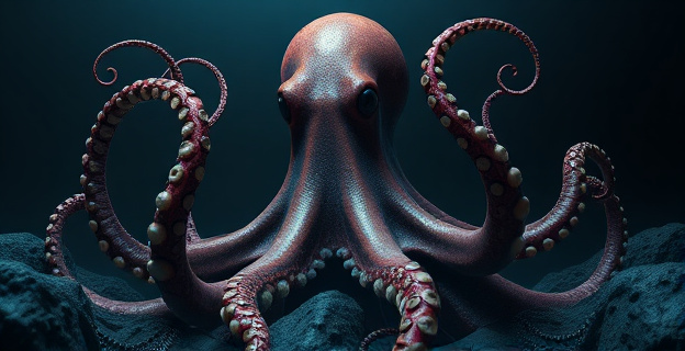 Un pulpo gigante emergiendo del agua con herramientas complejas en sus tentáculos, en un fondo oscuro y misterioso del océano.