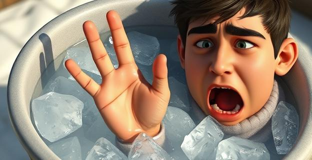 Un cubo de agua helada con una mano sumergida y una persona diciendo palabrotas con expresión de dolor y determinación
