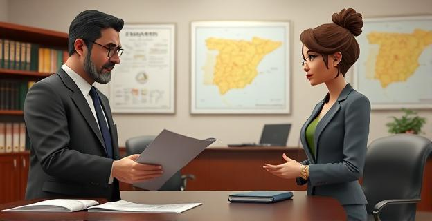 Una escena en un despacho ministerial donde un hombre y una mujer revisan planos de obras públicas en Navarra, con un ambiente de seriedad y confidencialidad. Al fondo, una estantería con libros y un mapa de España.