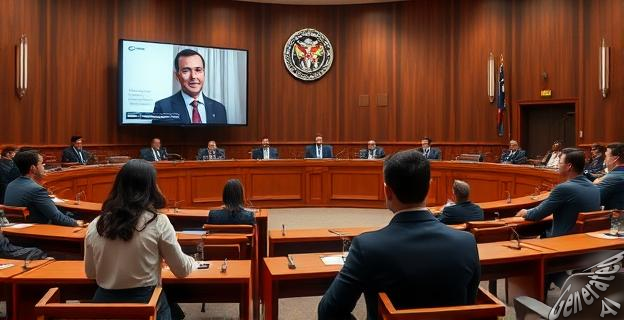 Imagen de una sesión del pleno del Ayuntamiento de Madrid con la alcaldesa Inma Sanz y el portavoz Eduardo Rubiño en primer plano, con una pantalla mostrando al alcalde José Luis Martínez Almeida a distancia.
