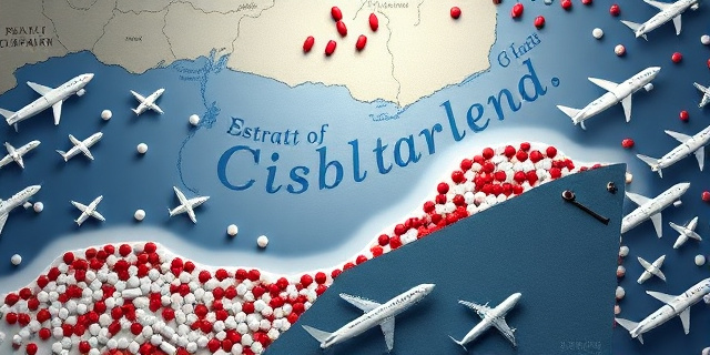 Un mapa del Estrecho de Gibraltar con un fondo de pastillas de éxtasis y otros fármacos ilegales, rodeado de barcos y aviones que simbolizan el tráfico de drogas