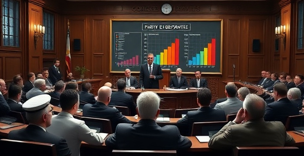 Escenario de tensión política en el Congreso de los Diputados con representantes de diferentes partidos en un pleno, con una pizarra al fondo con gráficos sobre financiación de partidos