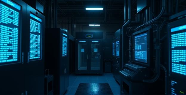 Una fábrica oscura donde máquinas producen llaves maestras digitales que brillan con luz azulada, representando la creación de herramientas para ciberataques automatizados