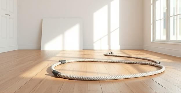 Una comba de ejercicios en un suelo de madera de una habitación iluminada con luz natural