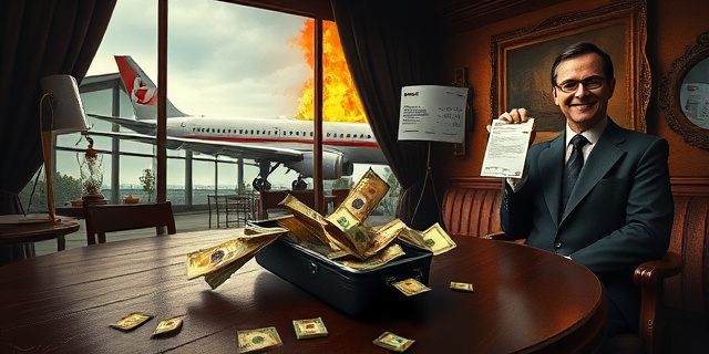 
  Imagen surrealista de un maletín de dinero abierto en una mesa de café, con billetes volando hacia dos manos infantiles (las hijas) mientras al fondo se ve un avión de Plus Ultra en llamas y un político sonriente con un cheque de 53 millones en la otra mano. Estilo: Ilustración oscura al estilo de 