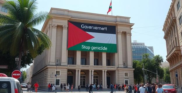 Edificio gubernamental con una enorme lona en la fachada principal mostrando una bandera palestina y el lema 