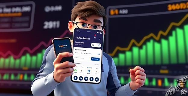 Una imagen de una persona joven vistiendo ropa deportiva de Kappa, sosteniendo un teléfono con la aplicación de Trade Republic, con gráficos de crecimiento financiero y fondos de inversión en el fondo.