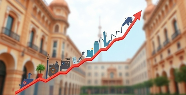 Una representación visual de un gráfico ascendente con elementos que simbolizan crecimiento económico, industria y tecnología, sobre un fondo que evoca la arquitectura moderna española.