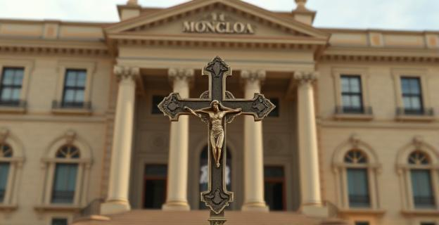 Edificio de La Moncloa con una Cruz de San Raimundo de Peñafort en primer plano, y un juez con una toga en el fondo, con un ambiente de seriedad y gravedad