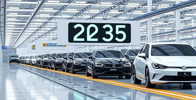 Imagen de una fábrica de automóviles española con coches híbridos y de combustión en la línea de producción, con un gran rótulo al fondo que muestra 