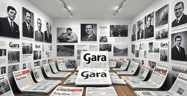Una sala con paredes llenas de fotografías en blanco y negro y color, mostrando momentos históricos de la historia de España, con un ambiente tenso y de debate político. En el centro, una imagen controvertida del diario Gara junto a otros periódicos nacionales.