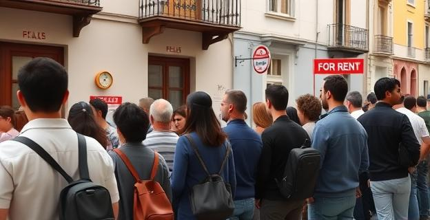 Imagen de una cola de personas esperando para alquilar una vivienda en una ciudad española con un cartel de 