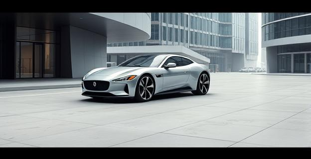 Imagen de un coche Jaguar eléctrico de lujo en un entorno urbano futurista con colores neutros y diseño minimalista, sin personas visibles.