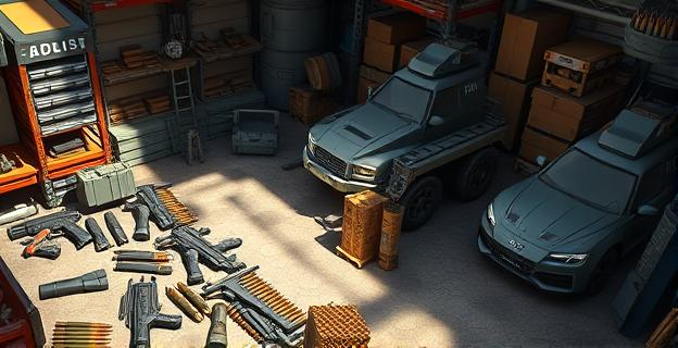Imagen de un arsenal clandestino con armas modificadas y munición de guerra en un taller oculto, junto a un vehículo blindado con un cañón ametrallador, en una zona industrial de Ávila. Al fondo, relojes de lujo y vehículos de alta gama confiscados.