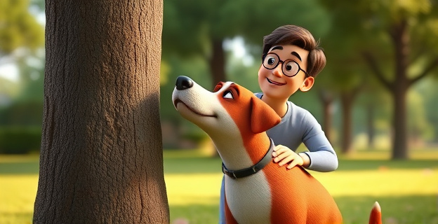 Un perro olfateando un árbol en un parque, con un dueño sonriente detrás