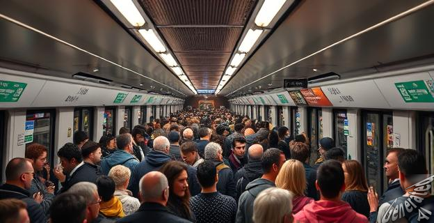 Una imagen del metro de Madrid colapsado en hora punta con gente apretujada en los vagones y estaciones llenas de personas esperando