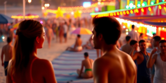 Una playa vibrante y saturada de gente joven, con un foco de atención en dos siluetas difuminadas frente a frente. Una atmósfera festiva y caótica, con luces brillantes y colores saturados. El estilo debe ser pictórico y expresionista, evocando una sensación de euforia y desenfreno. Evitar rostros reconocibles y elementos que puedan ser interpretados como violentos.