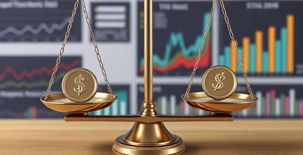Una representación visual de una balanza con una moneda en cada plato, simbolizando la igualdad salarial, con un fondo de gráficos y estadísticas que representan la transparencia en los salarios.