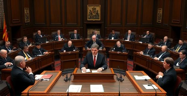 Imagen de una sesión plenaria del Senado español con un ambiente tenso. Un presidente del Gobierno está sentado en una mesa de comparecencia con documentos y micrófonos delante. Al fondo, senadores de diferentes partidos observan con atención y cierto grado de confrontación. La sala está iluminada con luces institucionales y hay cierto movimiento de papeles y anotaciones en las mesas de los senadores.