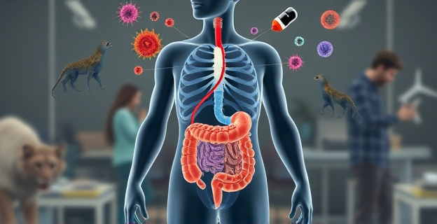 Una representación visual de un cuerpo humano estilizado con elementos que simbolizan el estrés (como un león o una alarma) y el sistema inmune (células inmunitarias, intestino con microbiota). El fondo podría incluir elementos que contrastan la naturaleza (depredadores) con la vida moderna (oficinas, tecnología).