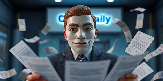 Una imagen de una persona con una máscara de corrupción, rodeada de documentos y dinero, con un fondo de una empresa pública