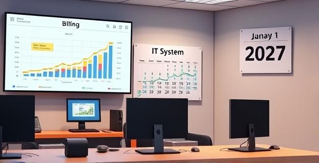 Imagen de una oficina con pantallas mostrando gráficos de facturación y sistemas informáticos. Un calendario en la pared muestra las fechas 1 de enero de 2027 y 1 de julio de 2027 resaltadas.