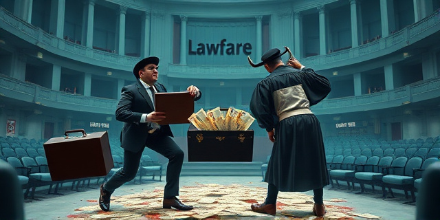 
  Imagen surrealista de un político con traje de torero que, de repente, se transforma en un juez con toga y un maletín lleno de euros. Al fondo, un hemiciclo vacío donde solo quedan sillas rotas y un cartel que dice 