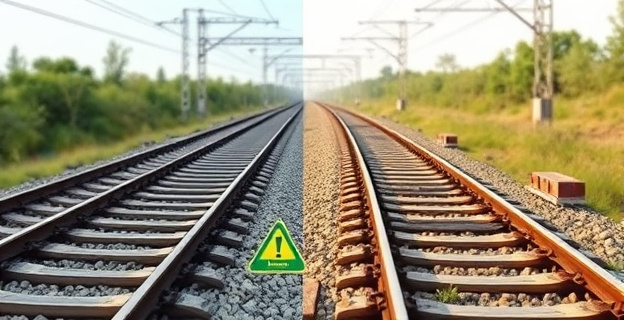 Una imagen que contraste una vía férrea de alta velocidad en perfecto estado con otra deteriorada, con elementos que sugieran el paso del tiempo y el desgaste, como grietas en el suelo o vegetación creciendo entre las vías.