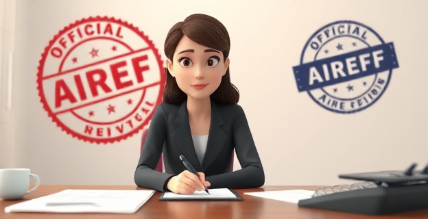 Una mujer sentada en un escritorio con papeles y un sello oficial de la AIReF al fondo, con una expresión seria y pensativa, mientras sostiene un bolígrafo en la mano