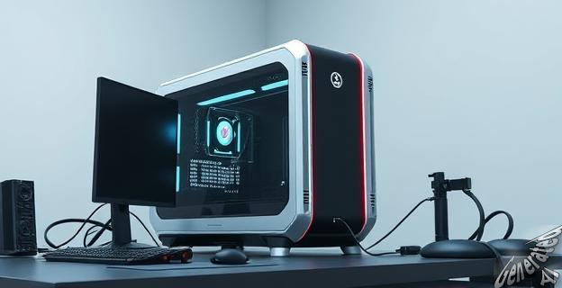 Un escritorio con un superordenador compacto y futurista, con luces LED intermitentes y cables de alta velocidad conectados, en un entorno minimalista y tecnológico.