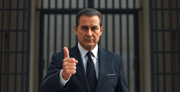 Un político español entrando en una cárcel con un gesto serio, sin mostrar su rostro. En el fondo, se ve la fachada de una prisión con rejas y muros altos.