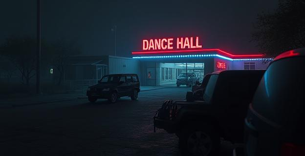 Un descampado oscuro y solitario en las proximidades de una sala de baile en Málaga, con varios vehículos aparcados y una atmósfera de tensión y miedo.