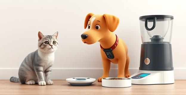 Una imagen de un gato y un perro junto a una báscula y un comedero automático, con un collar inteligente en el cuello del perro.